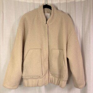 MNG Mango Bouclé Bomber Jacket in Ecru, Size M